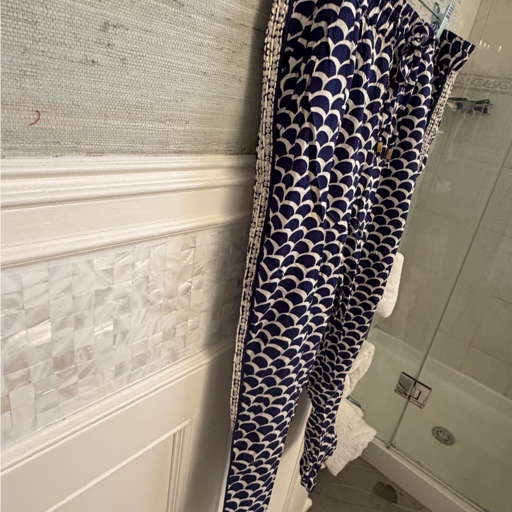 LP large petite Anthropologie beaded jogger pants lightweight blue white scallop - Picture 10 of 12